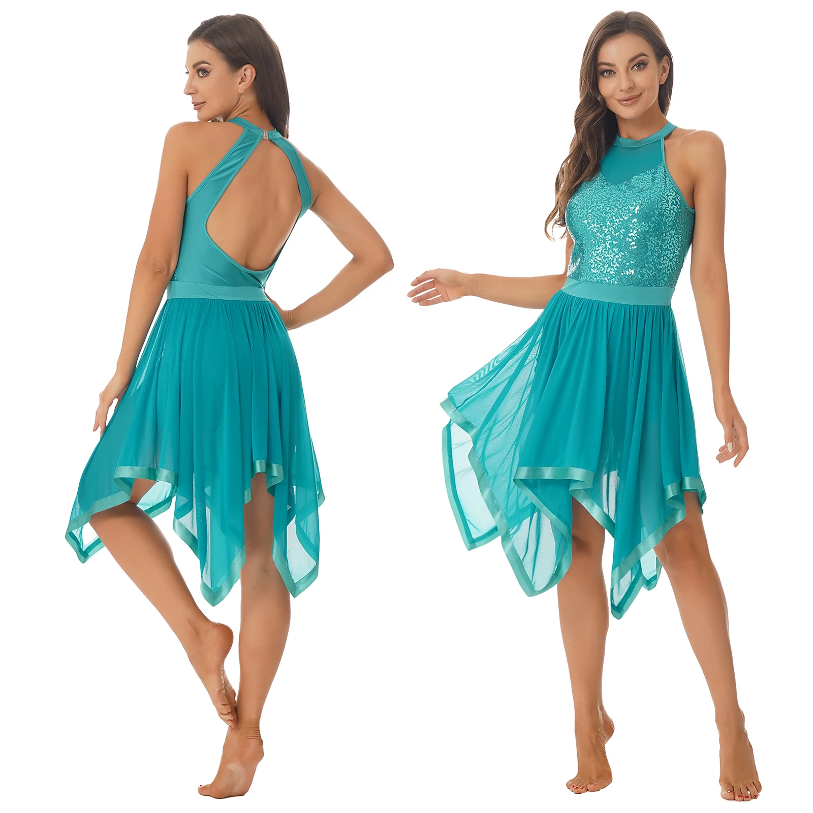Vestido de baile contemporáneo moderno de Jazz de malla asimétrica con lentejuelas y cuello Halter sin mangas para mujer