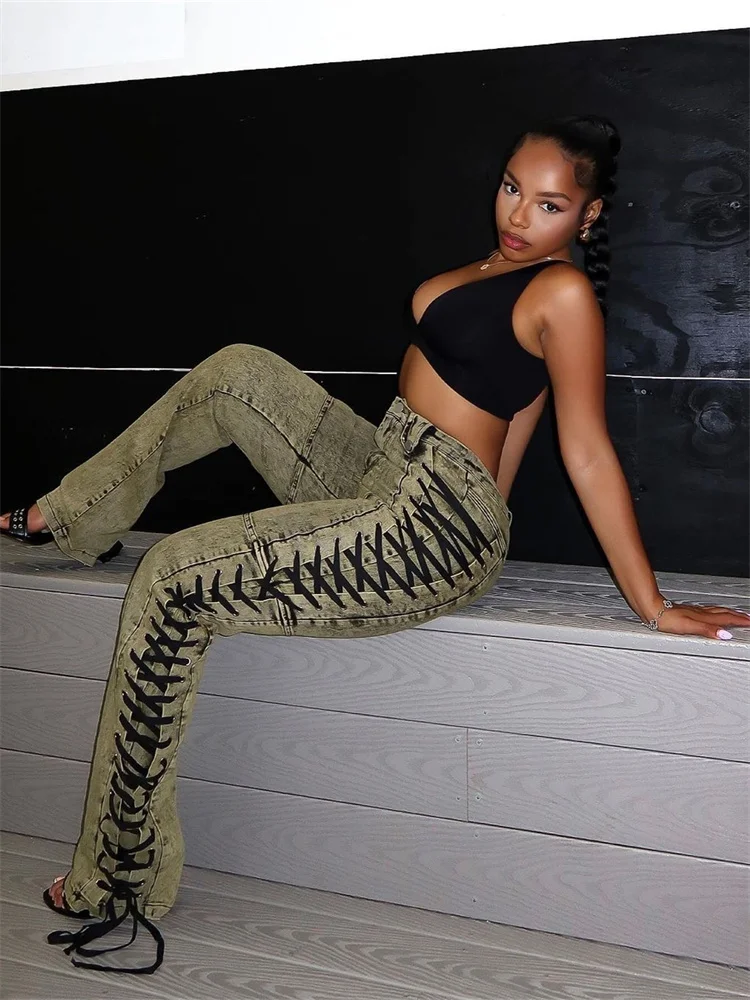 Wmstar Jeans Women High Waist Denim Boyfriend Flared Cargo Pants Korean Ripped Bandage Streetwear Wholesale Dropshipping 2025