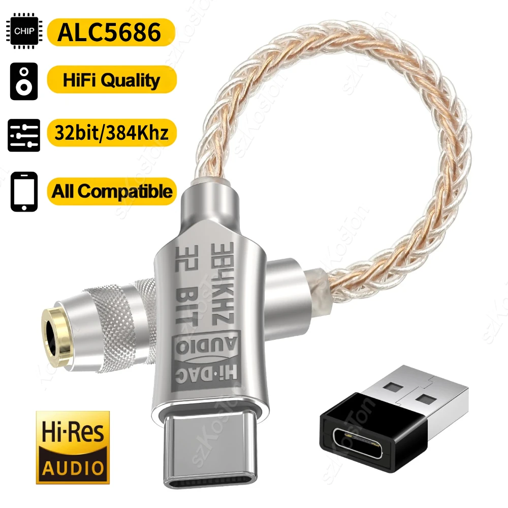 ALC5686 USB-C to 3.5mm Audio Adapter Headphone Amplifier HiFi DAC 32bit/384Khz Audio Decoder Type-C Converter for Samsung