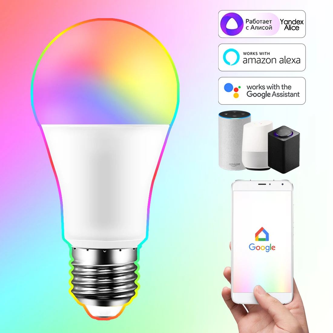 WiFi Smart Light Bulb 15W E27 LED Lamp Color Changing Magic RGB +White Work Alexa Google Home Yandex Dimmable Timer
