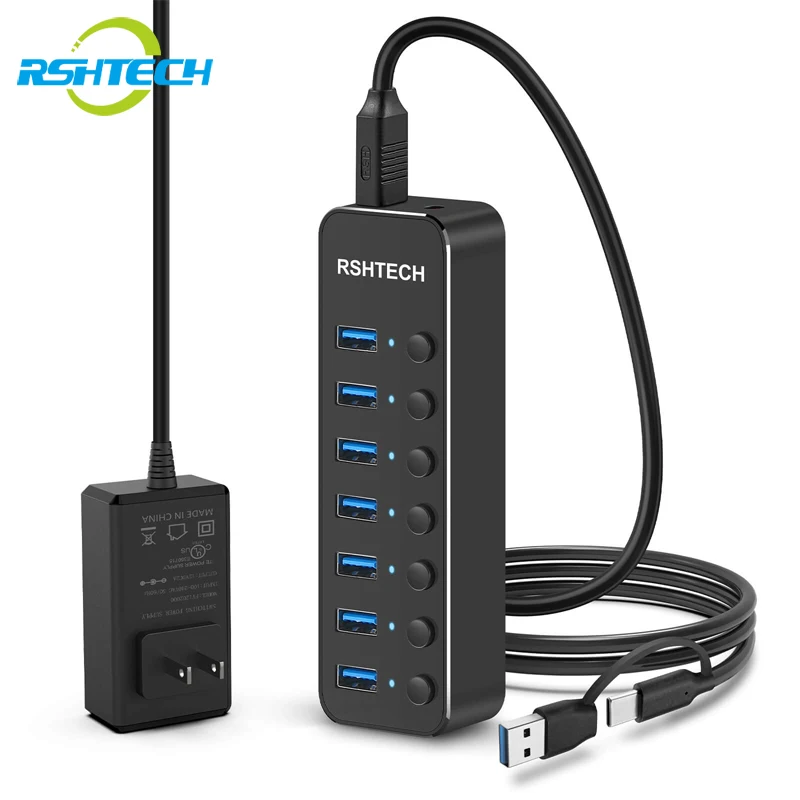  Powered USB Hub RSHTECH Type C to 7 Port USB 3.0 Data Port Hub  Expander Aluminum Portable Splitter with Universal 5V AC Adapter and  Individual On/Off Switches for Laptop and PC(Black) 