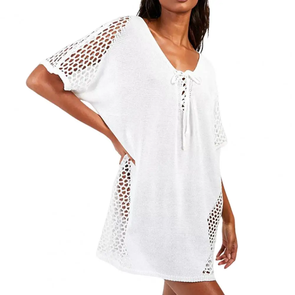 

Plus Size Women Cover-up Swim Cover-up Stylish Lace-up Beach Cover Up for Women V-neck Half Sleeve Swim Sun Protection Bikini