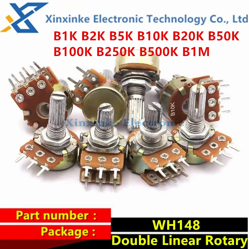 5PCS WH148 B1K 2K 5K10K 20K 50K 100K 500K B1M Ohm 6PIN 15MM Resistor Double Linear Rotary Adjustable Potentiometer 5pcs rv09 potentiometers 15mm 100k 10k 1k 20k 2k 500k 50k 5k