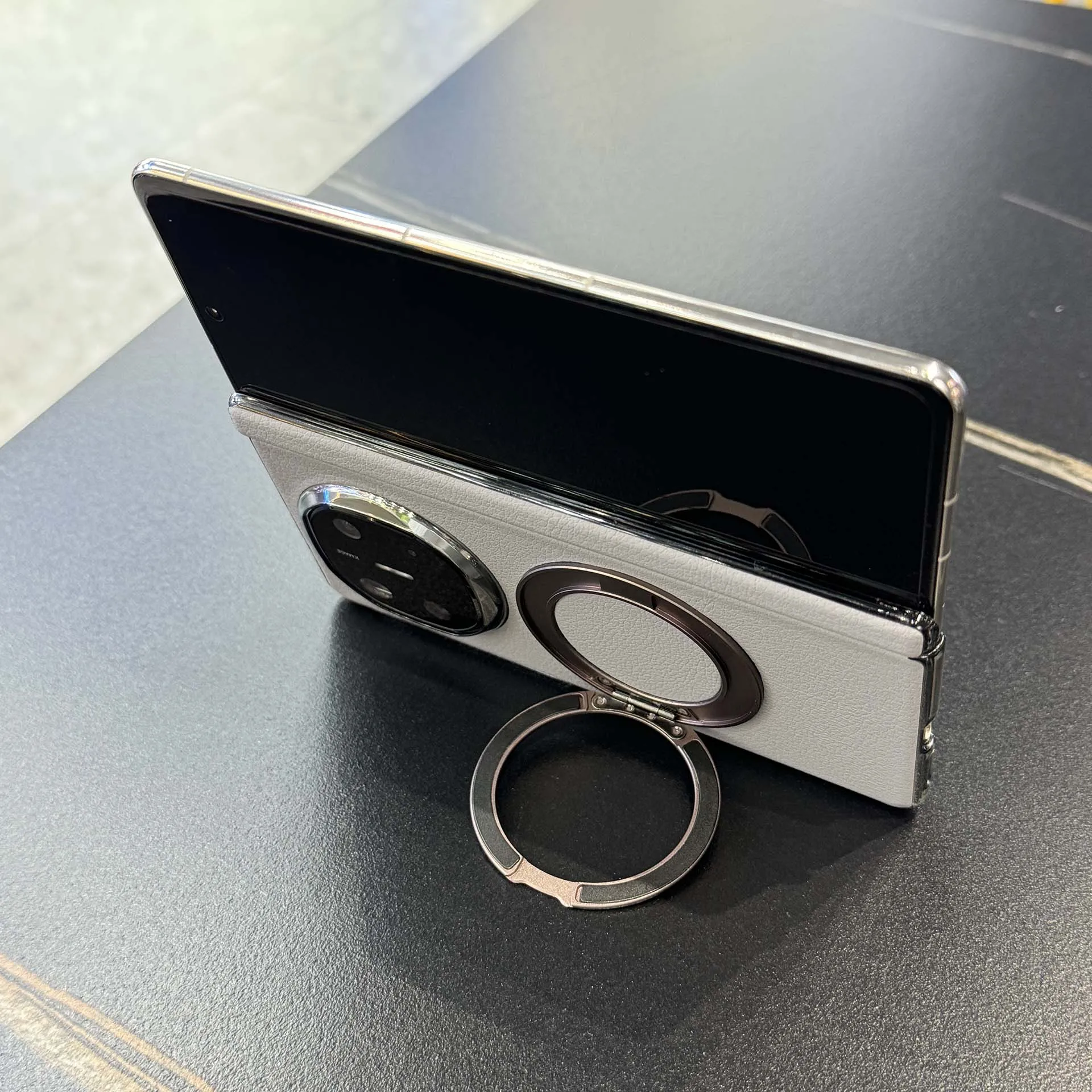 Electroplated Matte Leather Magnetic Ring Holder Case with Folding Hinge Cover
