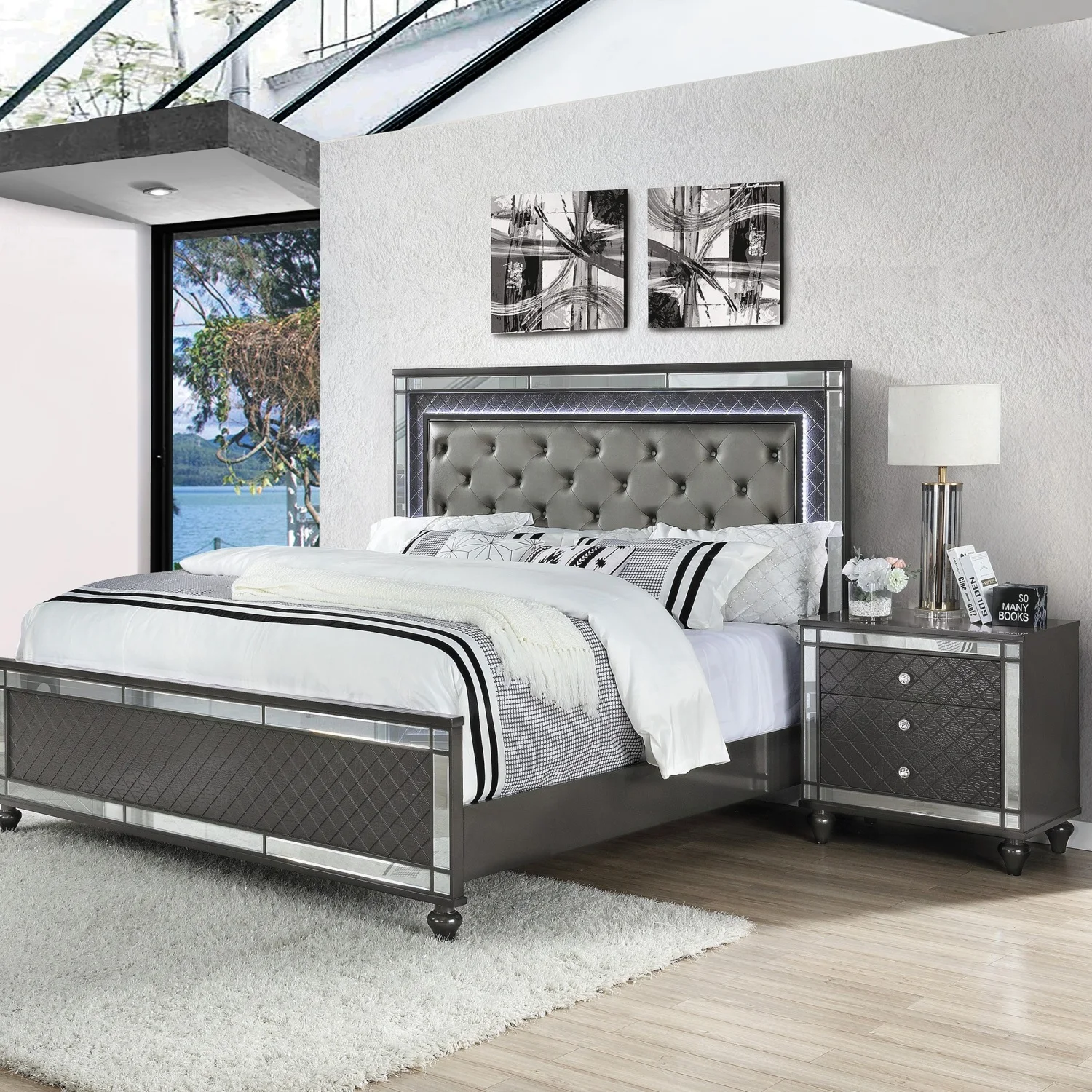 Modern Glam Style Upholstered Headboard Button Tufting Glass Inlay 1pc King Size Panel LED Lights Bed Gray Faux Leather Finish S 6