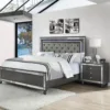 Modern Glam Style Upholstered Headboard Button Tufting Glass Inlay 1pc King Size Panel LED Lights Bed Gray Faux Leather Finish S 6