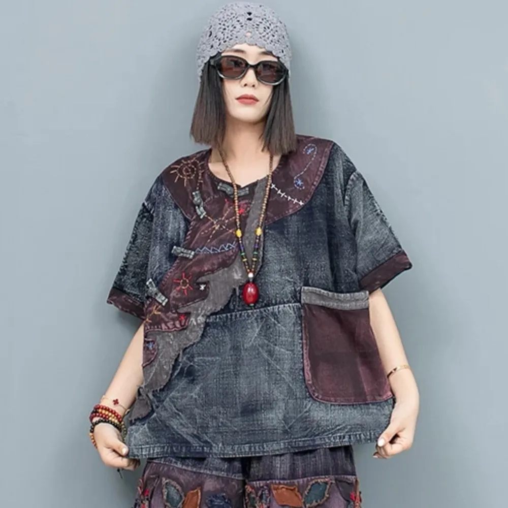 

Chinese Style Slanted Button Hand Embroidered Patch Short Sleeved Top Women 2024 Summer LX1248