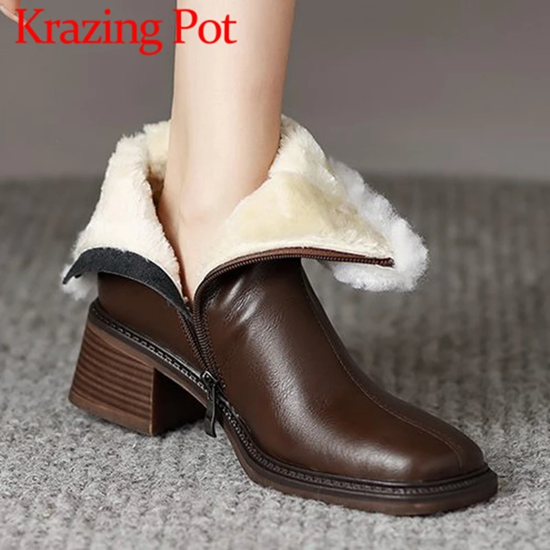 

Krazing Pot Cow Leather Thick High Heels Cold Resistance Snow Boots Keep Warm Square Toe Zipper England Style Party Ankle Boots