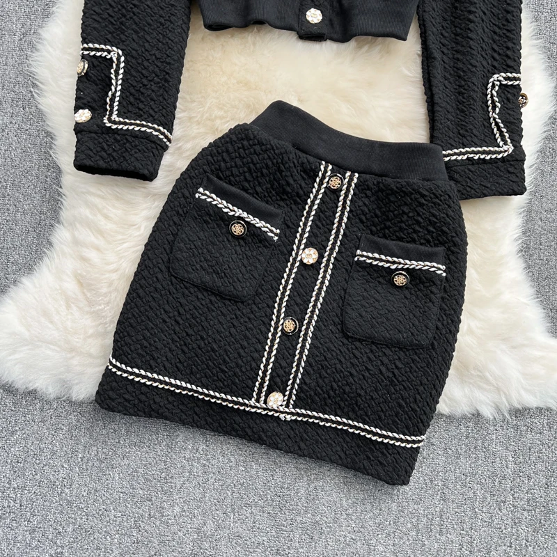 blazer pants set Retro Small Fragrance Style Crop Top Suit Female Spring New Patchwork Short Cardigan Coat + Bodycon Skirt Two Piece Set Women special occasion pant suits