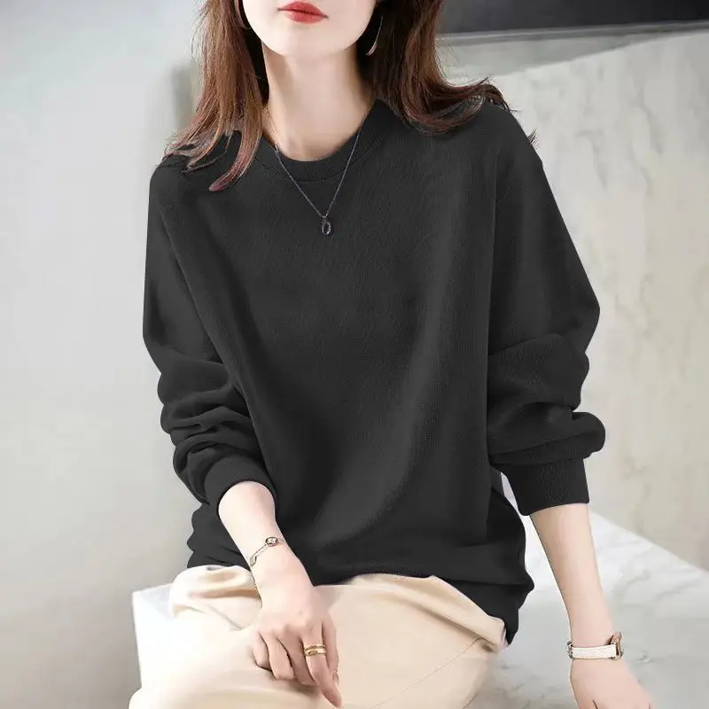 Spring Autumn Oversized Round Neck Solid Color Simple Sweatshirt Ladies Loose Casual Trend Fashion Pullovers Top Female Clothes
