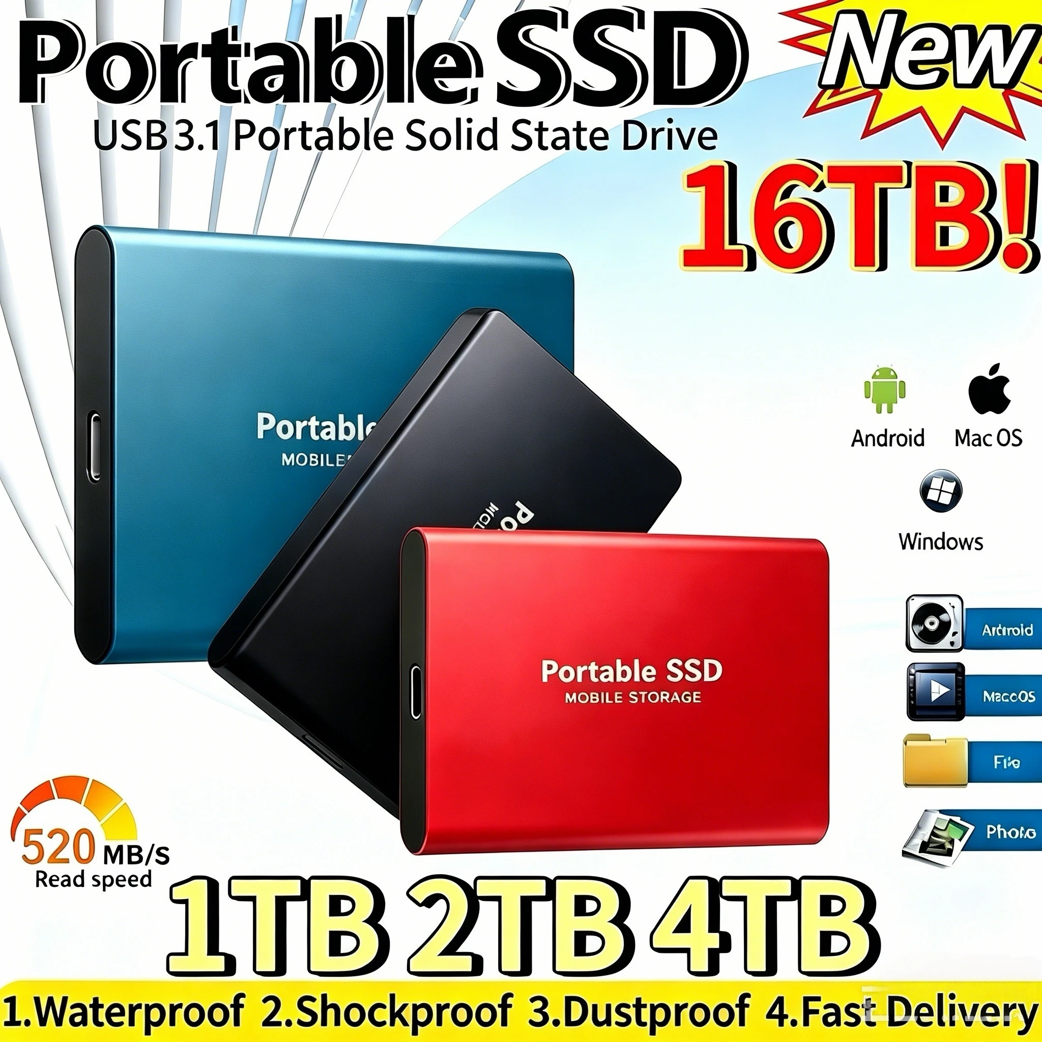 Unidad de estado sólido portátil móvil USB 3.1 de alta velocidad 1TB 16TB Disco duro externo compatible con todos los dispositivos 1