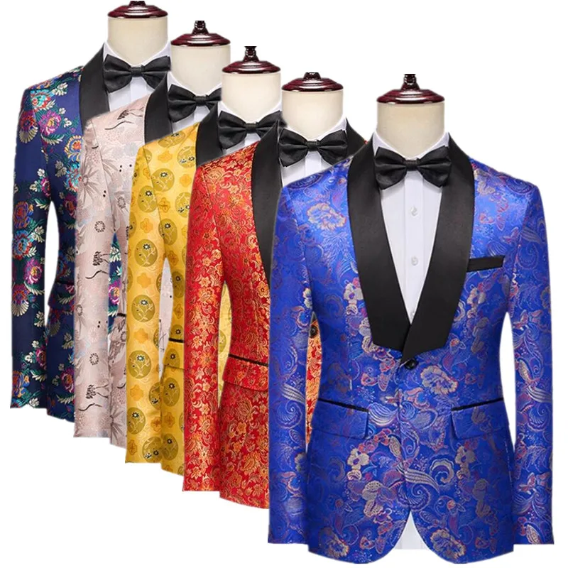 

New Men's Classic Jacquard Suit One Button Jacket Men Wedding Prom Party Luxury Flower Tuxedo Blazers Coats