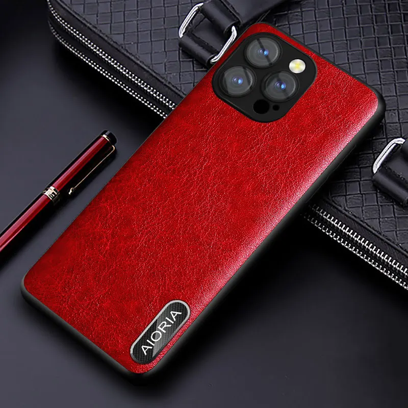 Luxury Leather Case with Metal Logo and Enhanced Camera Protection