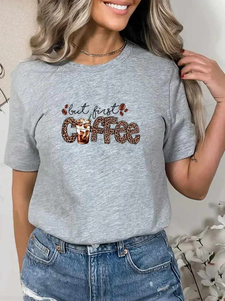 

Leopard Letter Coffee Short Sleeve Summer Clothes Print Graphic T-shirt Lady Fashion Women Female Shirt Tee