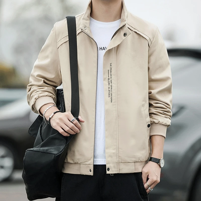 Spring Autumn Men's Stand Up Collar Workwear Jacket Fashion Casual Versatile Top Slim Fit Baseball Jacket