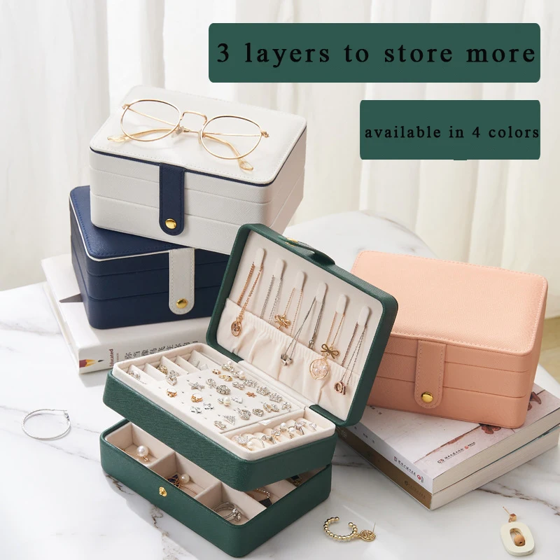 

2/3 Layers Portable PU Jewelry Organizer Display Travel Jewelry Case Boxes Button Leather Box Storage Zipper Jewelers Joyero