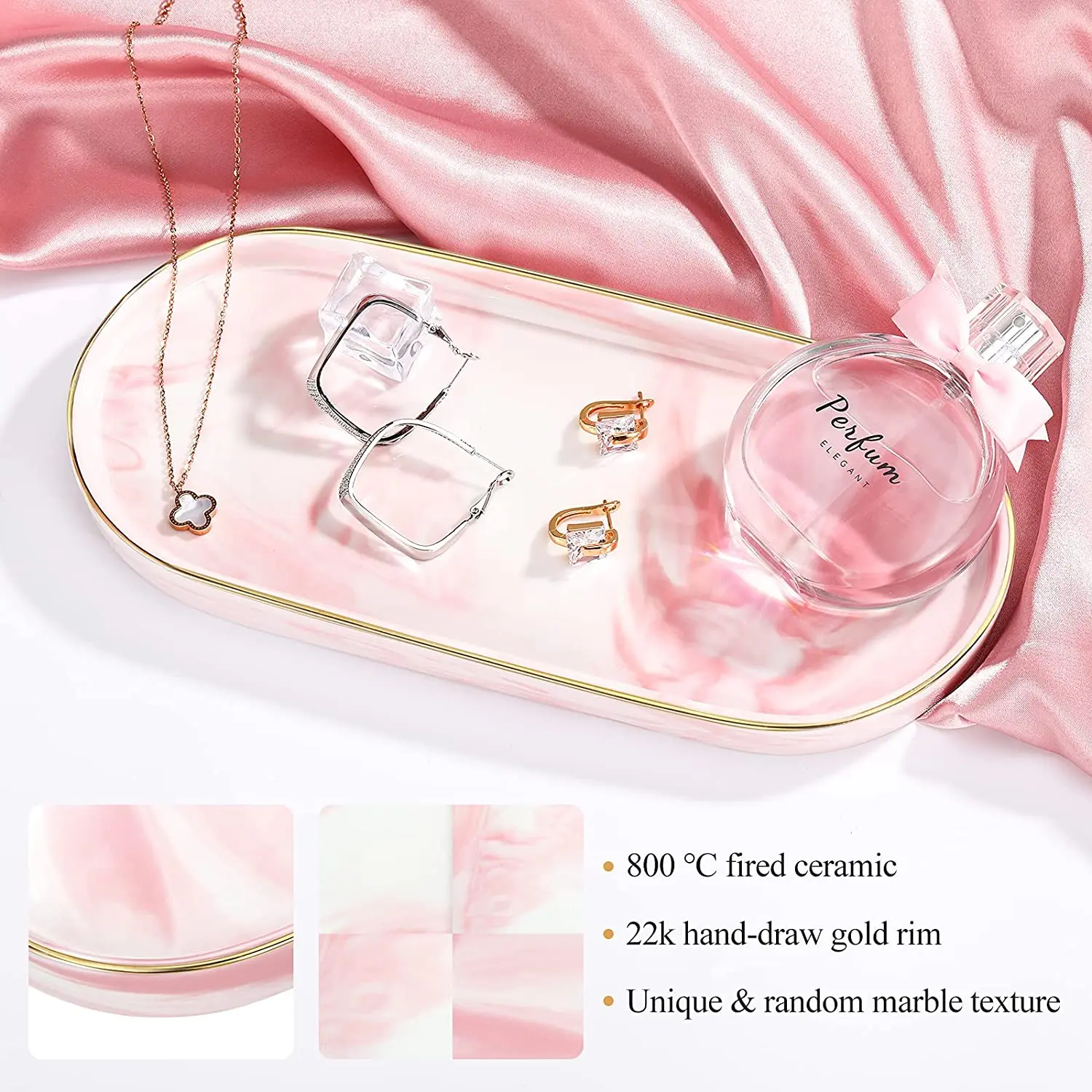 Bathroom Vanity Tray,Decorative Jewelry Perfume Organizer Ceramic Gold Tray,Bedroom Dresser Kitchen Sink Countertop Dish Hold