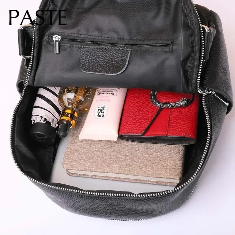 100% Genuine Leather Women Backpack Black Daily Casual Travel Bag for Lady Small Beach Knapsack High Quality Students Schoolbag 6