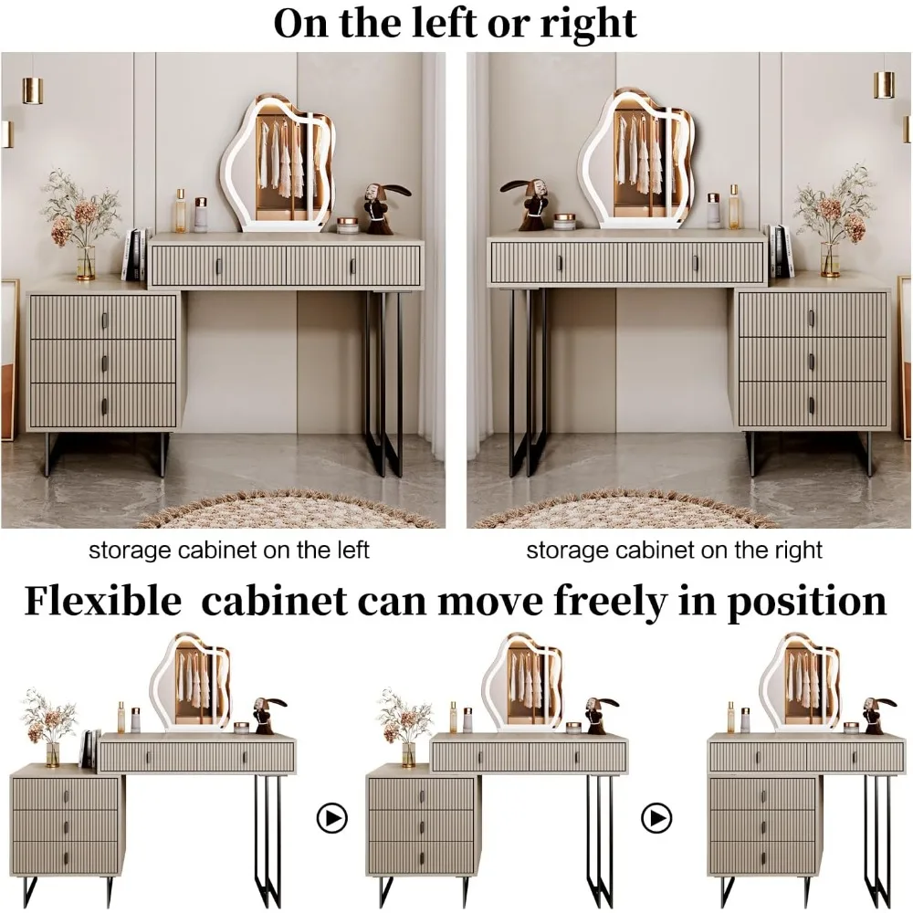 White Dressing Table with Mirror and Light, Small Makeup Table with 5 Drawers, Modern Makeup Table with Adjustable Cabinets 3