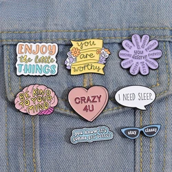 Cartoon Plant Enamel Pins Heart Flower Jewelry Brooch I Need Sleep Enjoy The Little Things Badge Lapel Pin for Friends Wholesale