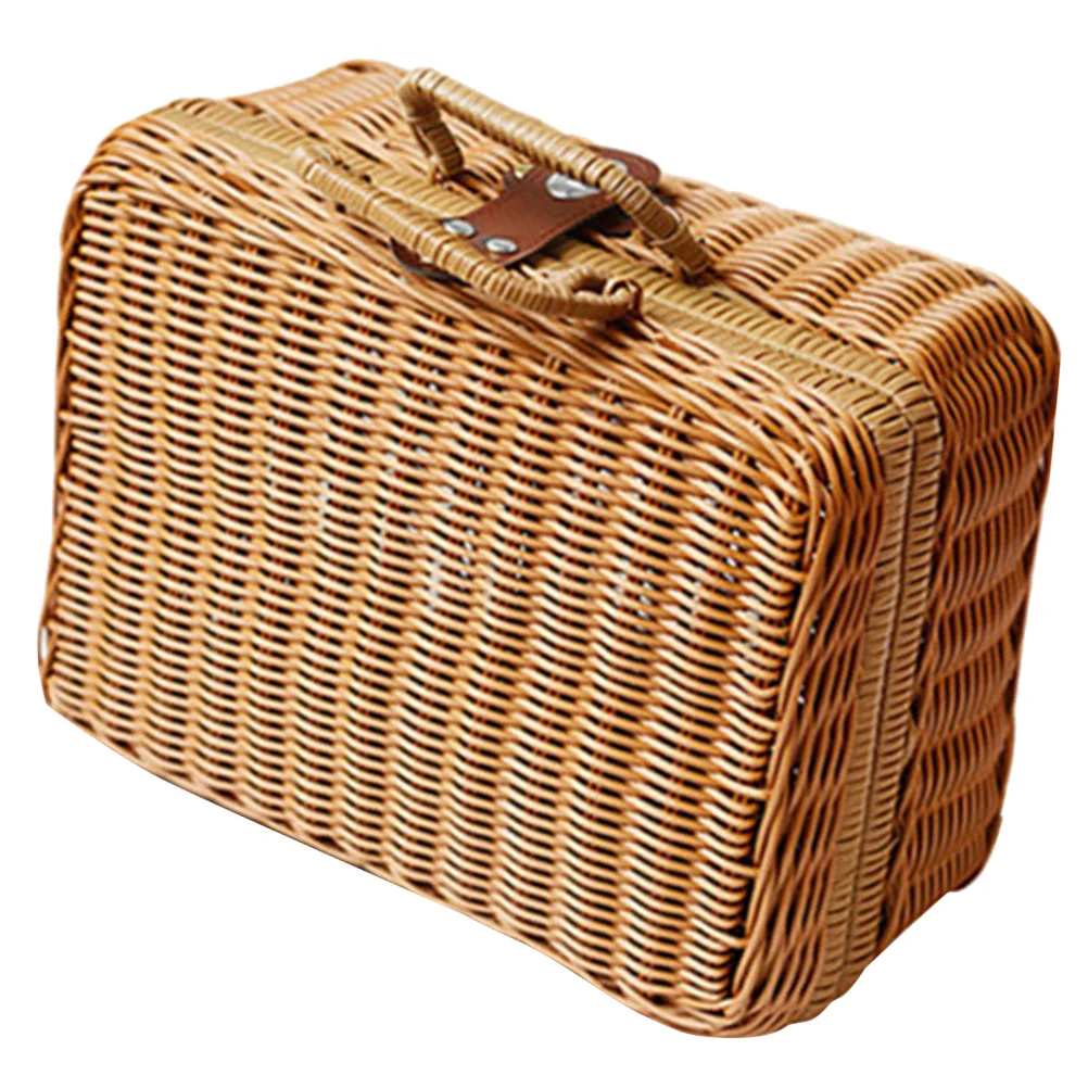 

Imitation Rattan Suitcase Woven Picnic Hamper Simulation Handwoven Storage Basket with Lid