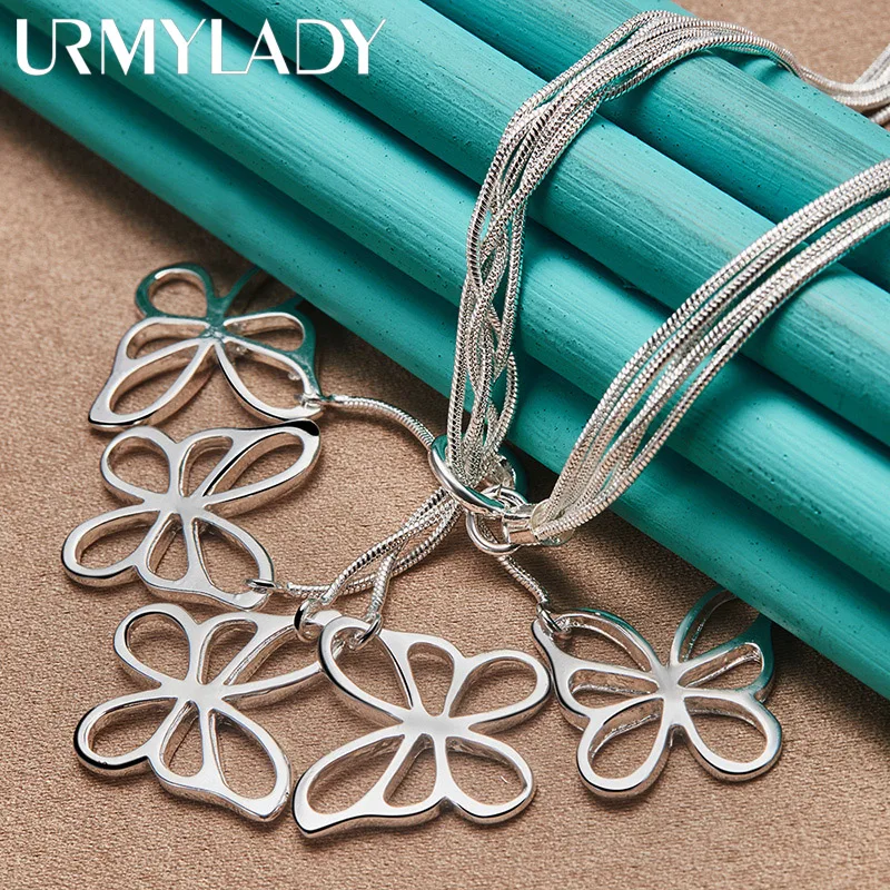 

URMYLADY 925 Sterling Silver Five Butterfly Pendant Snake Chain Necklace For Women Wedding Party Fashion Jewelry