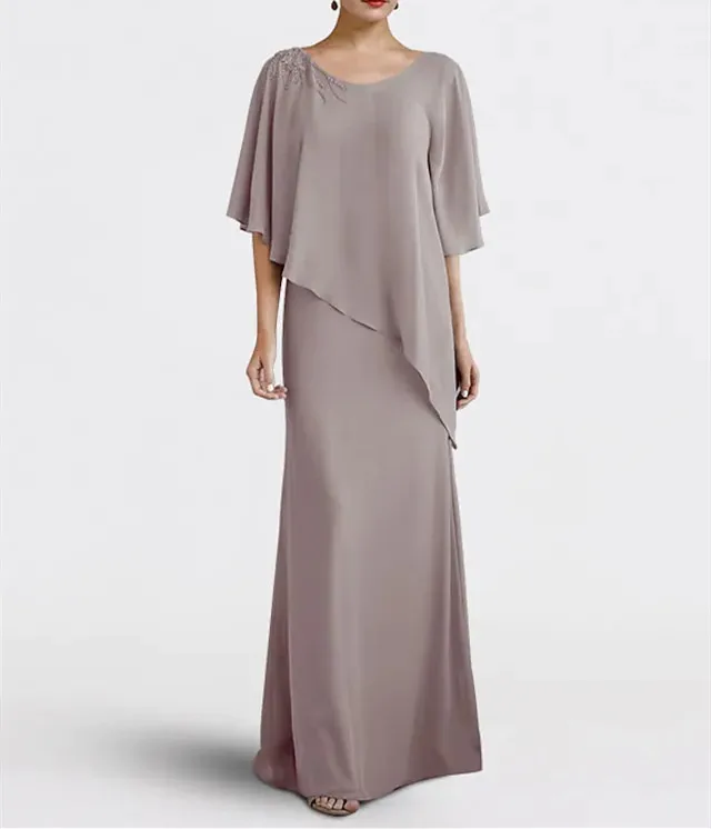

Elegant Sheath Mother of the Bride Dress Plus Size Elegant O-Neck Floor Length Chiffon Half Sleeve with Beading