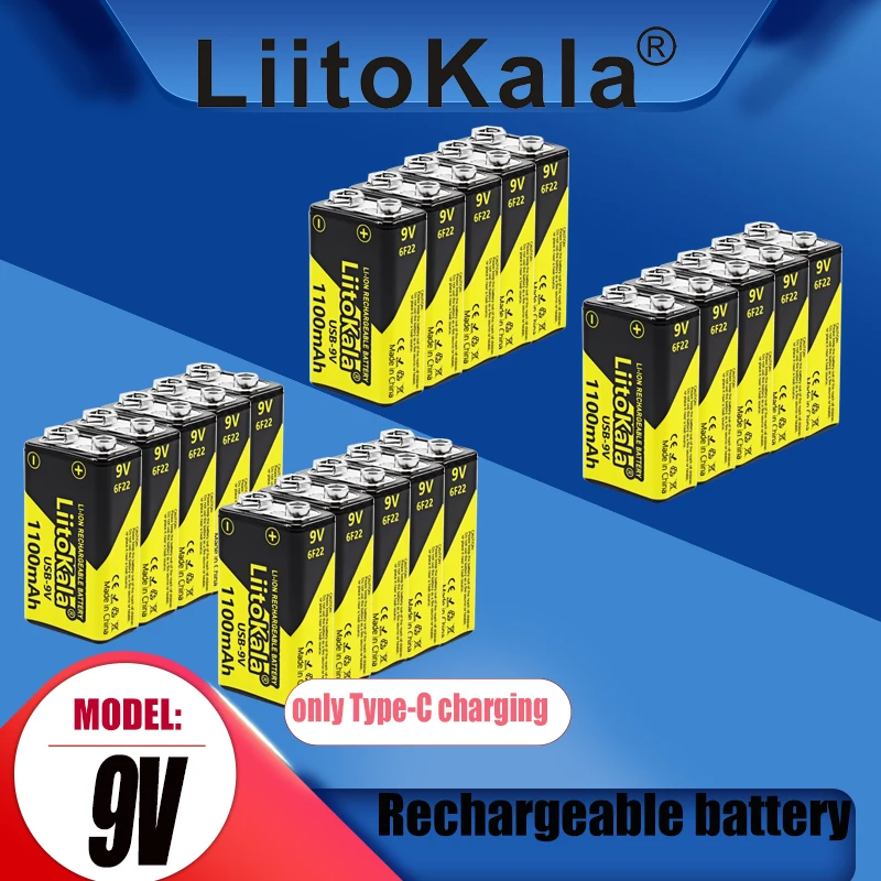 

20PCS LiitoKala USB 9 Volt li-ion Rechargeable Battery 6F22 1100mAh 9V Li-ion Battery for RC Helicopter Model Microphone Toy