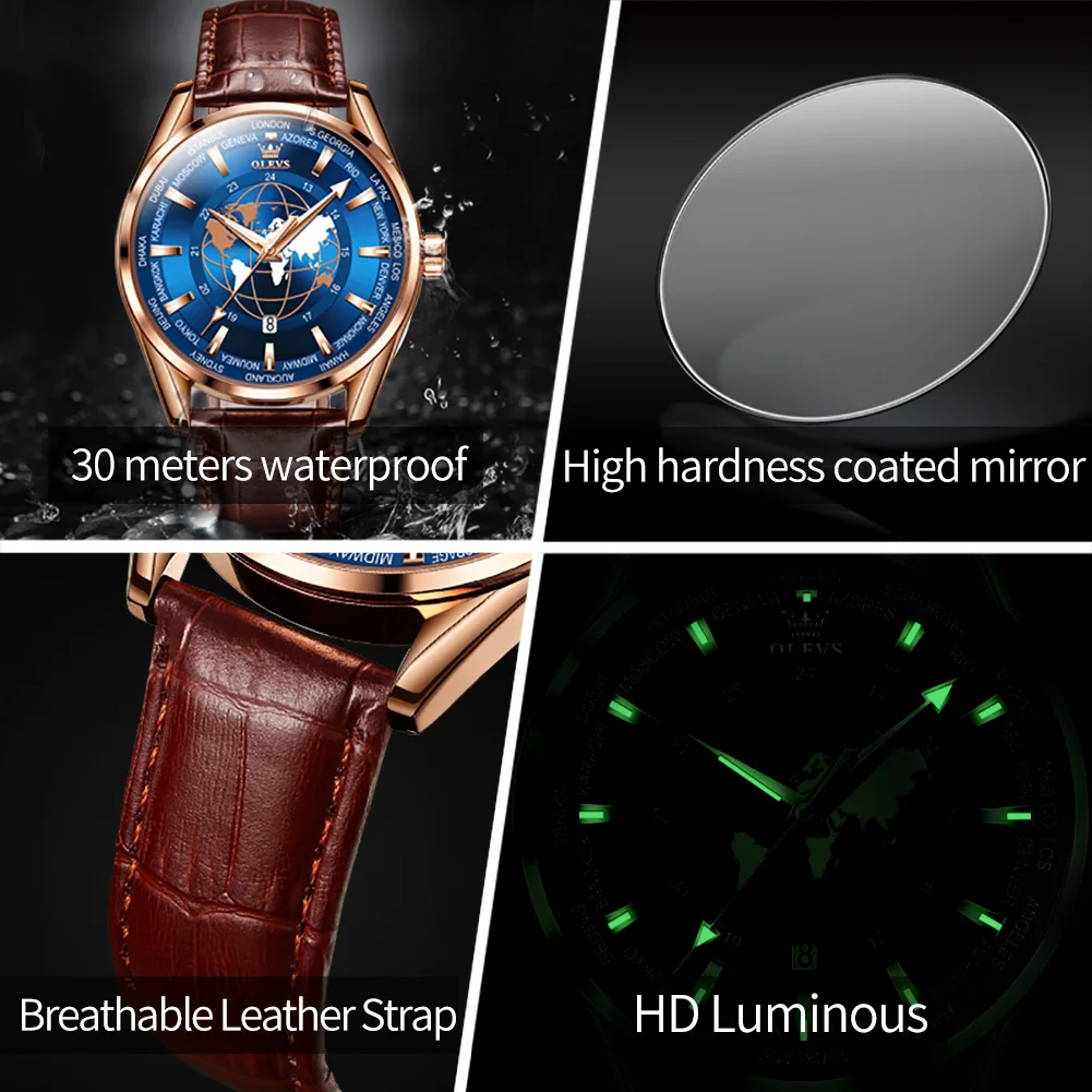 OLEVS Fashion Dial Design Blue Quartz Watch for Men Luxury Leather Waterproof Calendar Sport Mens Wristwatches Relogio Masculino