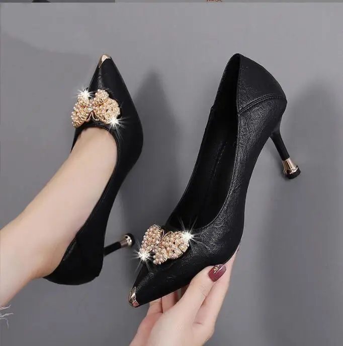 New Sexy Women Classic Pumps Shoes Spring Summer Black Leather Butterfly Lady single shoes Heels Fashion Platform Shoes Woman