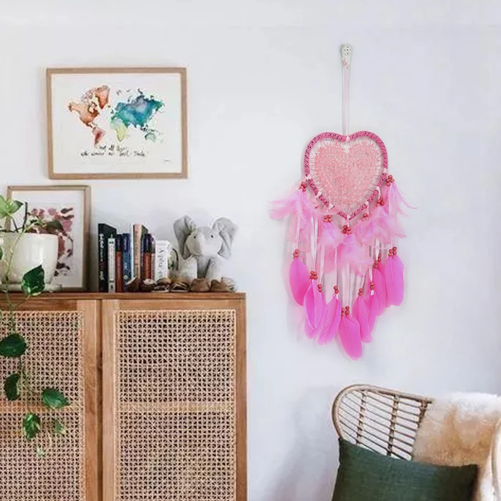 Love Heart Dream Catcher Pendant Feather Car Decor Pendant LED Light Handmade Art Crafts Romantic Beautiful for Girlfriend Gift 3