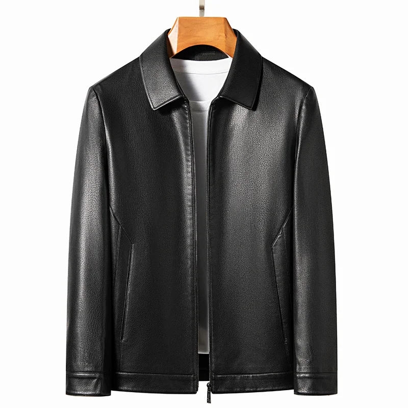 

YN-2335 Spring and Autumn Men's Genuine Leather Polo Mock Neck Jacket Fashion Slim Sheepskin Coat Black Grey Husband Gift Youth