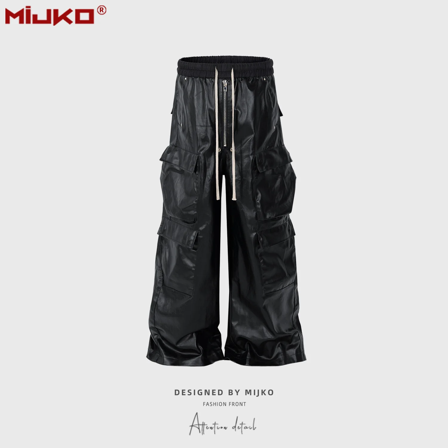 MIJKO Sliver Black Men's RO-Style Coated Cargo Pants Wide Leg