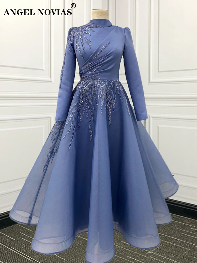 ANGEL NOVIAS Long Sleeves Muslim Blue Arabic Evening Dress 2022 High Neck Robes De Soiree Longue sexy evening dresses