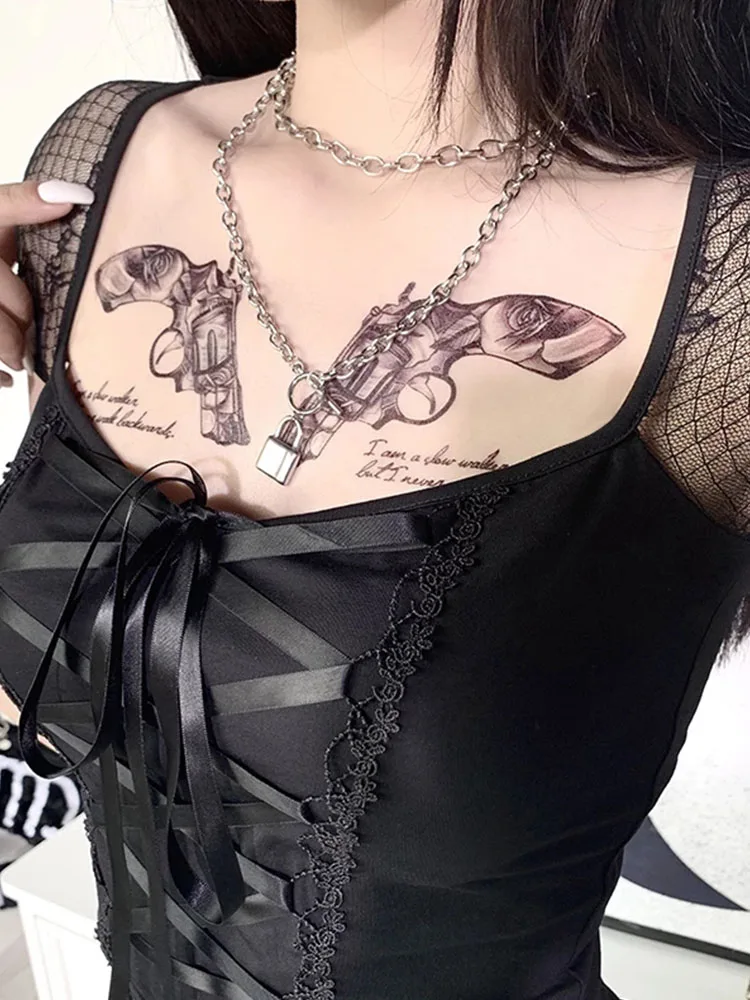 Vintage Tops Goth T-shirt Women Bodycon Bandage Lace Black T-shirts Gothic Streetwear Sexy Female Top Casual Mesh Tee