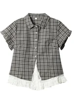 Chemisier Femme Été à Manches Courtes, Motif Carreaux et Dentelle, Style Vintage Rétro Japonais Kawaii, Coupe Slim, Mignon et Décontracté 3