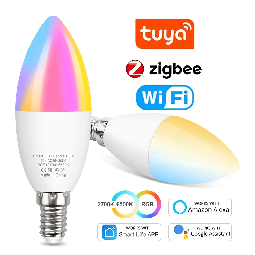 Zigbee Tuya E14 스마트 전구, 조도 조절이 가능한 WiFi Led 전구 조명 RGB + CW + WW E14