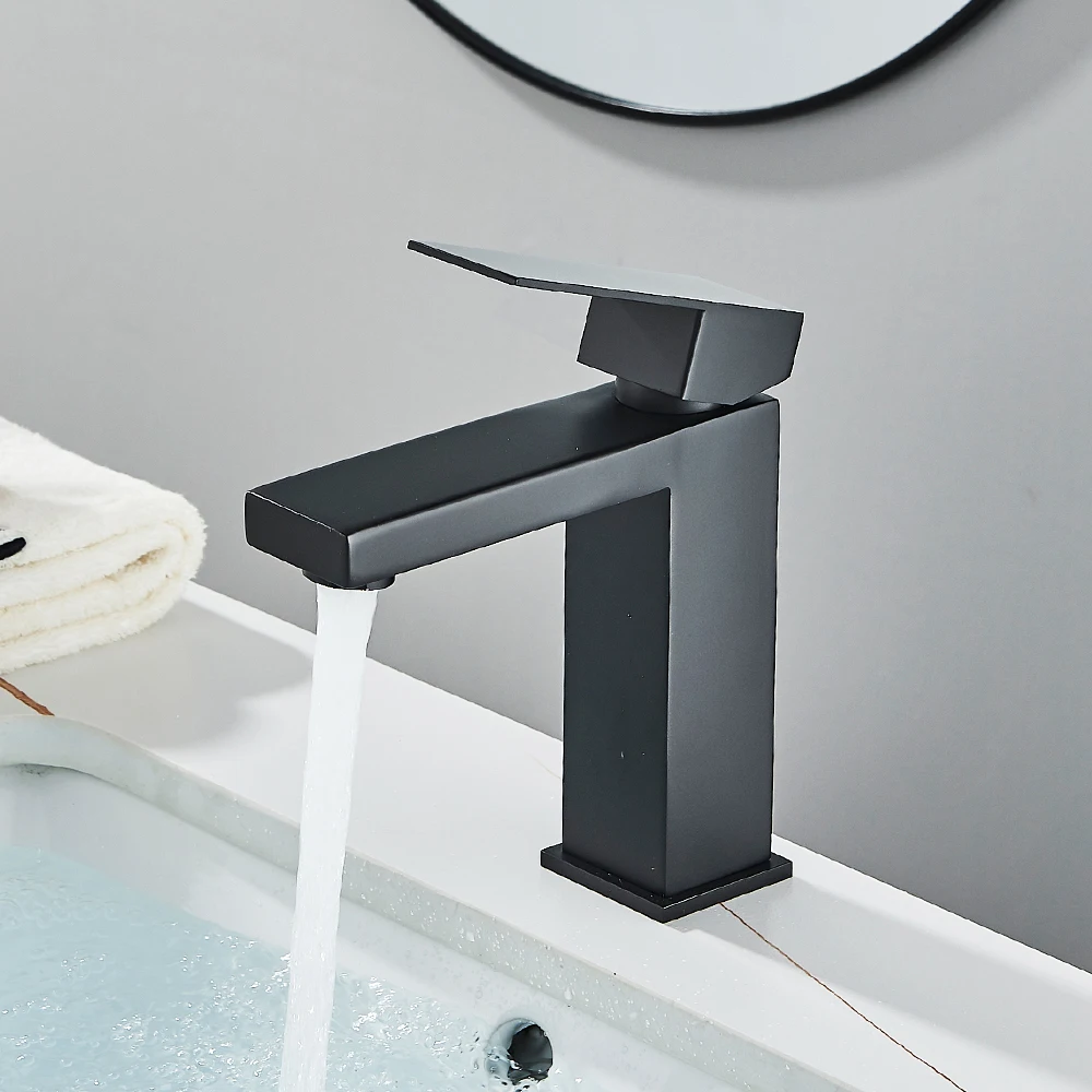 Matte Black Bathroom Basin Faucet Gold Deck Mount Hot Cold Water Mixer Sink Tap Simple Style Single Hole Bath Sink Faucets Crane