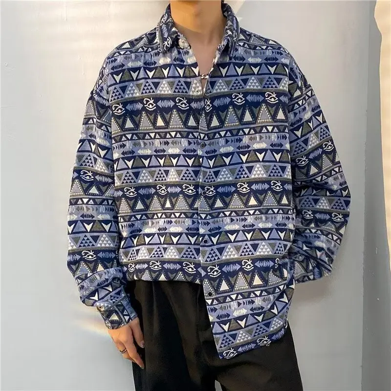 Autumn Winter Men's Long Sleeve Shirt Harajuku Vintage Woven Embroidered Shirt Loose Japanese Style Trendy Ruoshuai Shirt Coat imitation rattan weave basket japanese style storage bin large capacity hollow handle woven basket desktop finishing basket