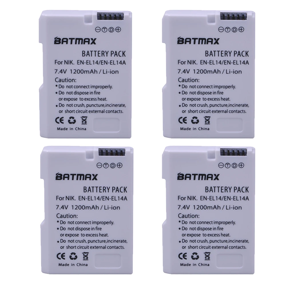 

Batmax 4pc EN-EL14 batteries EN-EL14a ENEL14 EL14 battery for Nikon D3400 D3300 D3100 D5600 D5100 D5200 D3200 P7000 P7100