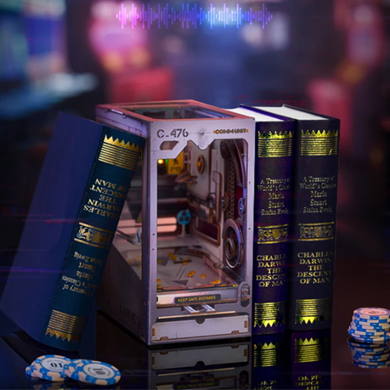 DIY Book Nook Wooden Miniature Model Kit Mechanical Celebration Bookend Assembled 3D Puzzle Bookshelf Home Decor Adults Gifts 5