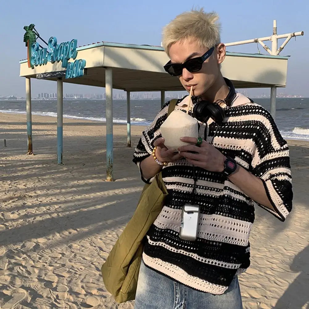 

Lapel Shirt Striped Contrast Color Knitted Men's T-shirt Loose Fit Half Sleeves Turn-down Collar Casual Hip Hop Streetwear