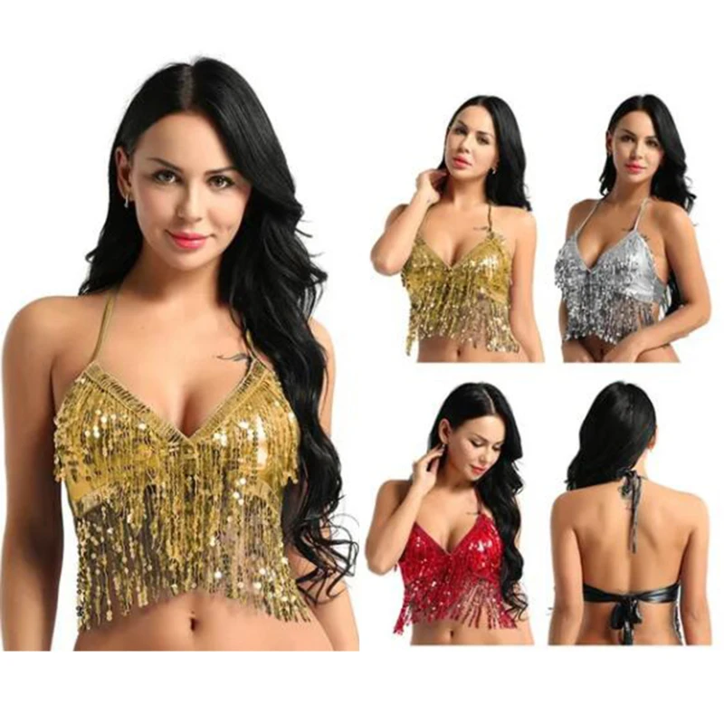 

Women Fashion Halter Bra Top with Sequins Tassel Latin Belly Dance Costume Club Party Festival Rave Dance Sexy Crop Tops