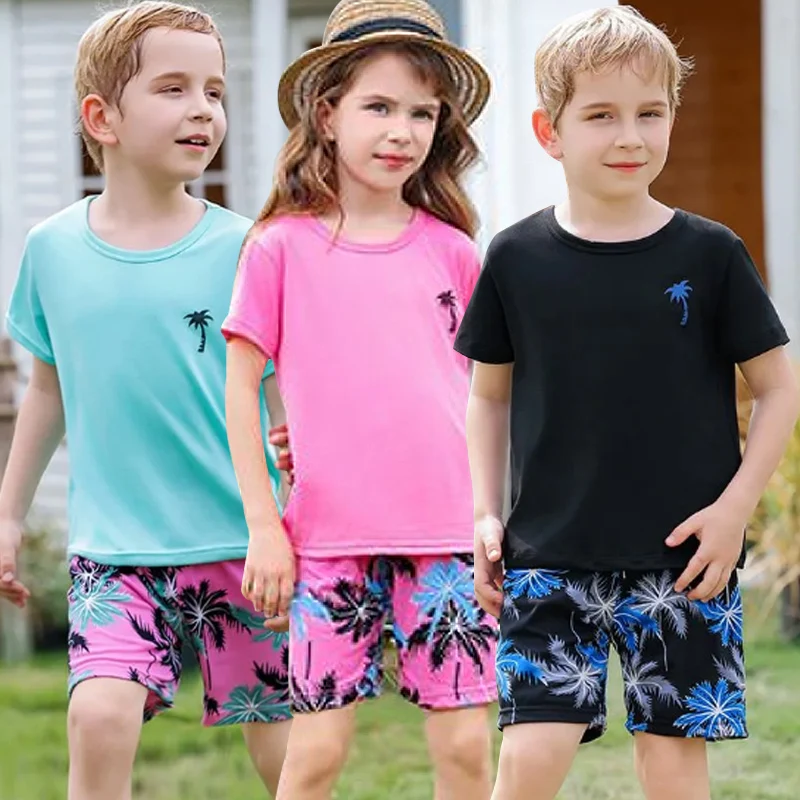 2/4 children's summer leisure sports printed short sleeved shorts set, boys and girls vacation style fashionable T-shirt pants 3