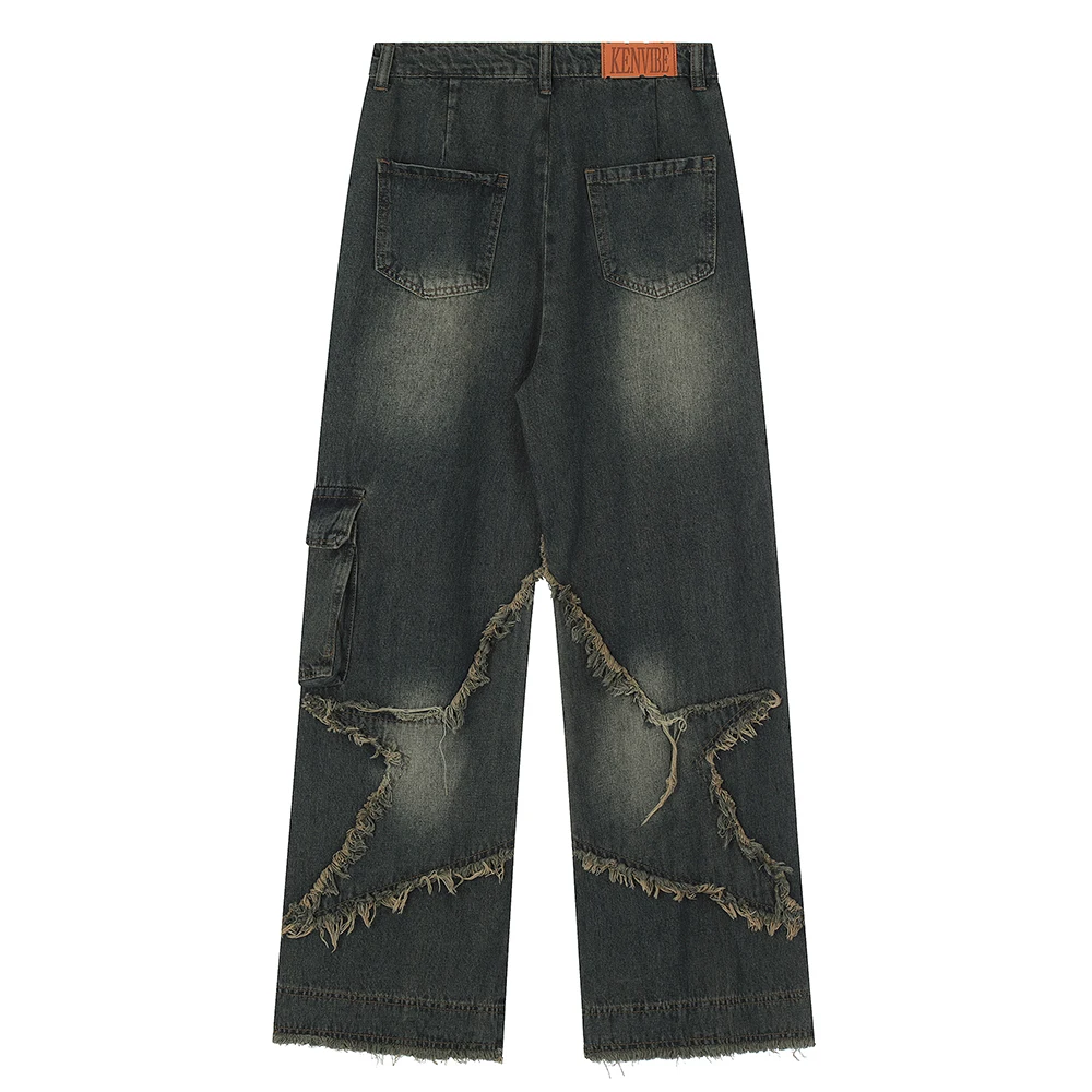 Aelfric Eden Distressed Effect Patchwork Star Denim Jeans Y2K Men Vintage Punk Hiphop Denim Pants Streetwear Rock Harajuku Jean
