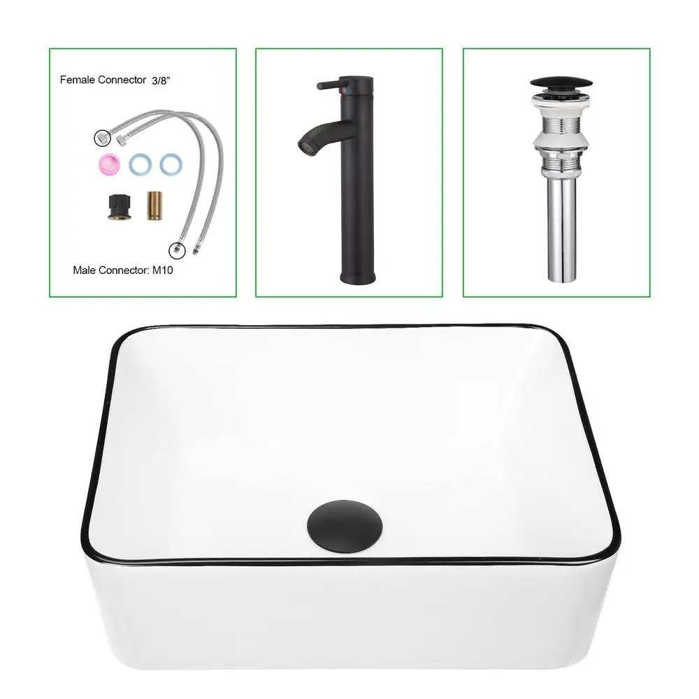 Rectangle Ceramic Vessel Sink White 16''x12'' Above Counter Small Porcelain Black Body Combo 6