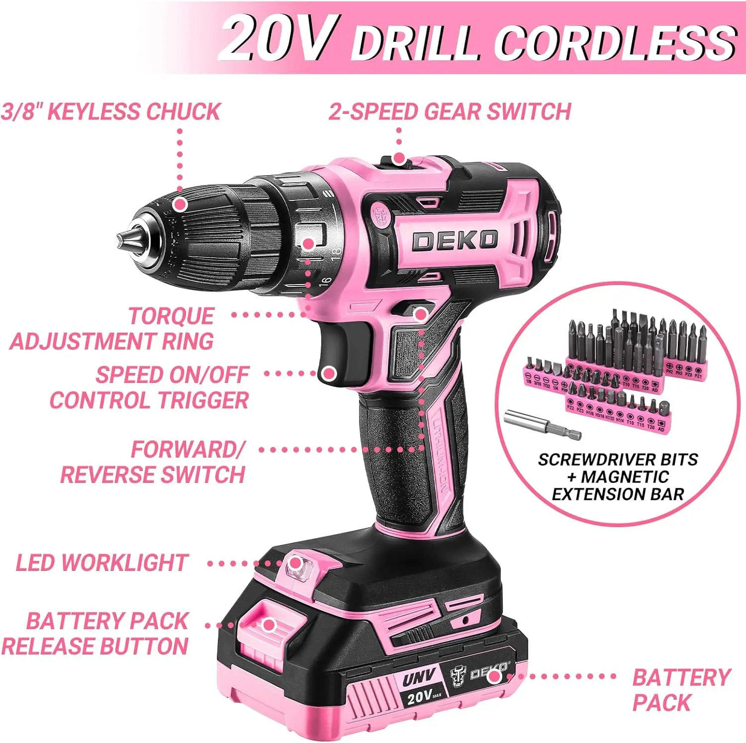 Pink Cordless Power Drill Tool Kit Set with Battery for DIY