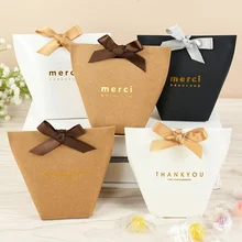 

5pcs Upscale Kraft Paper Bag Black White Bronzing Merci Thank You Candy Box Wedding Favors Candy Snacks Gift Package Box Supplie