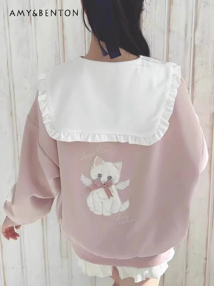 

Japanese Sweet Cute Cartoon Printed Bow Jackets for Women Autumn Sailor Collar Loose Slim Long Sleeves Love Fashion Zipper Coat