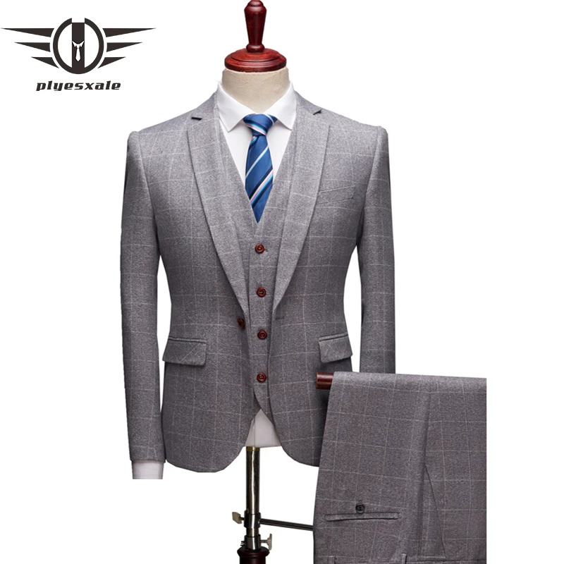 

Plyesxale 3 Pieces Plaid Suits Men Slim Fit Mens Suits Designers 2022 Navy Grey Burgundy Groom Wedding Suit Formal Wear Q144